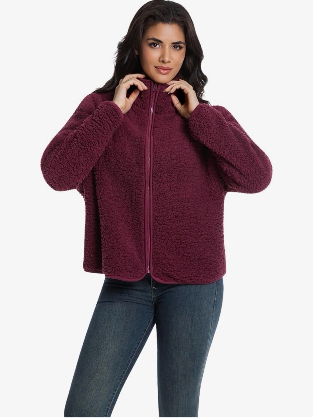 Women’s Cozy Teddy Zip Jacket in Deep Berry Size M - Picture 5 of 7